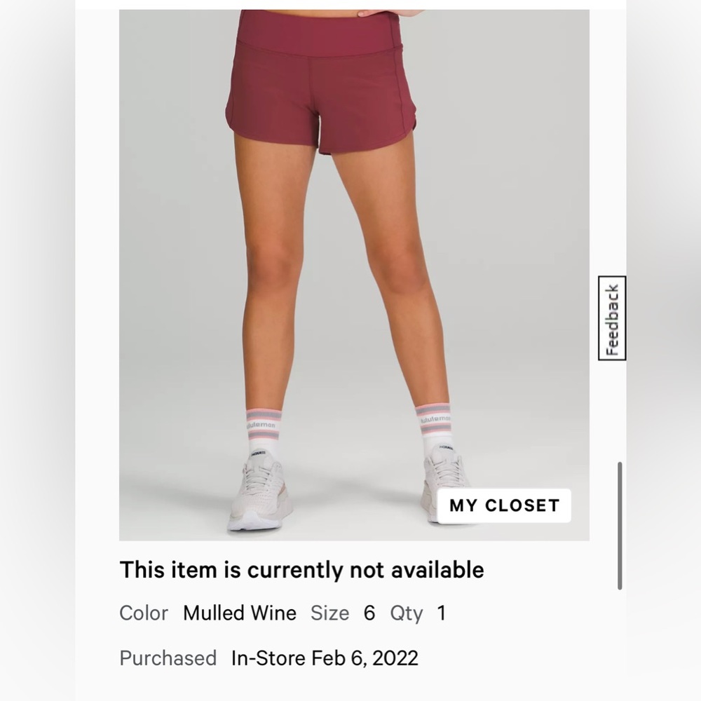 Lululemon Speed Up Low Rise Shorts in Mulled Wine